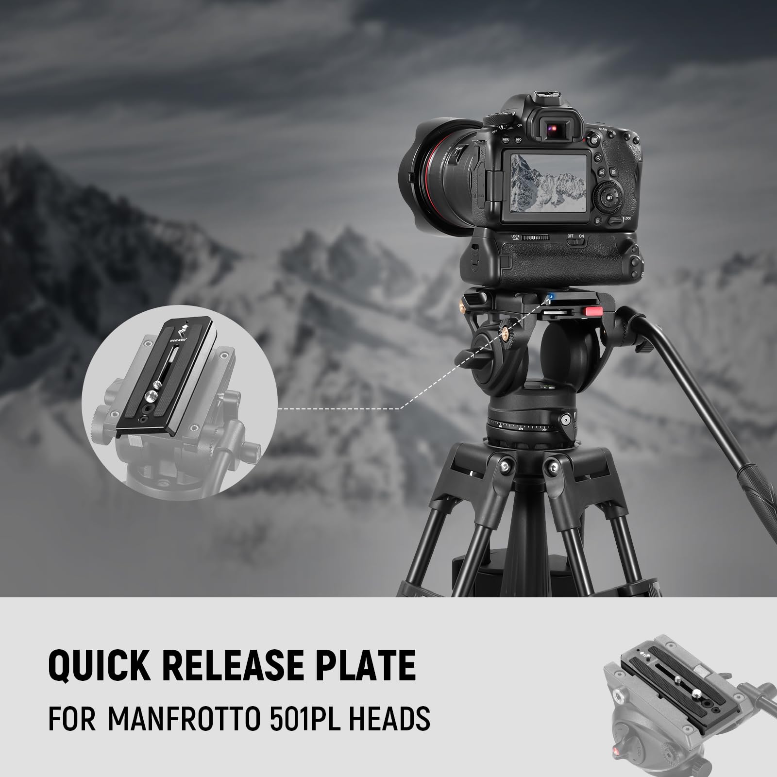 NEEWER 501PL Tripod Fluid Head Quick Release Plate Compatible with Manfrotto MVH500AH MVH502AH, Camera Mounting Plate with 1/4" and 3/8" Screws, Anti Off Pin for GM001 GM002 GM006 Fluid Heads, QR5