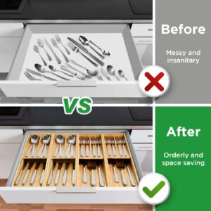 Ollieroo Bamboo Silverware Drawer Organizer, Compact kitchen Drawer Organizer for Flatware, Utensil Holder for Spoons, Forks, Knives, Drawer Organization for Kitchen, Bathroom, Livingroom, Office,1pcs