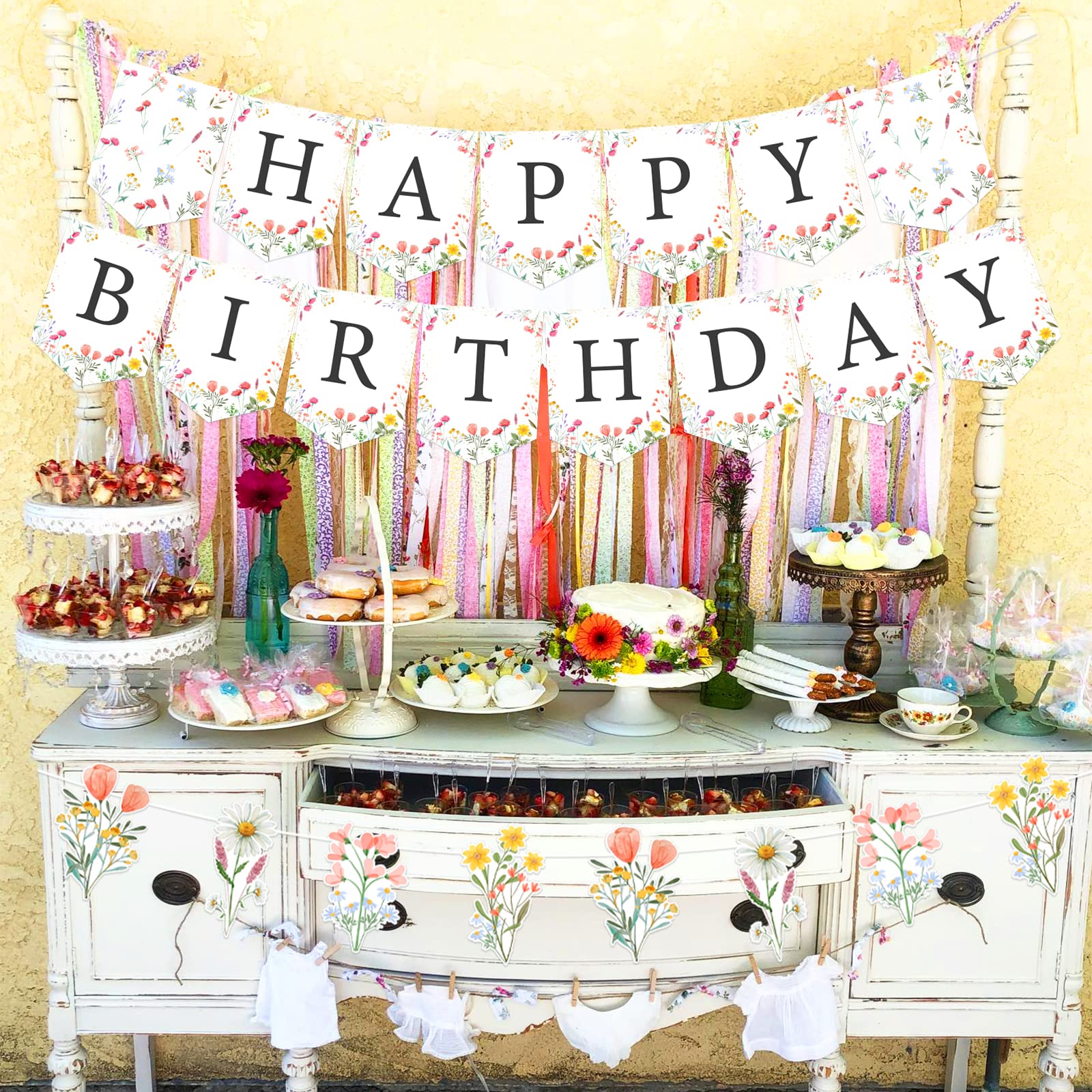 Fangleland Wildflower Happy Birthday Banner Garland Sign Party Decorations Set, Pre-strung No DIY Floral Flower Theme Birthday Banner Party Favors Pink Sign for Girls Women