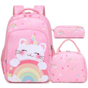 girls backpack with lunch bag set, 3pcs pink unicorn cat school backpack with pencil case large capacity school bookbags with chest strap for preschool kindergarten elementary girls