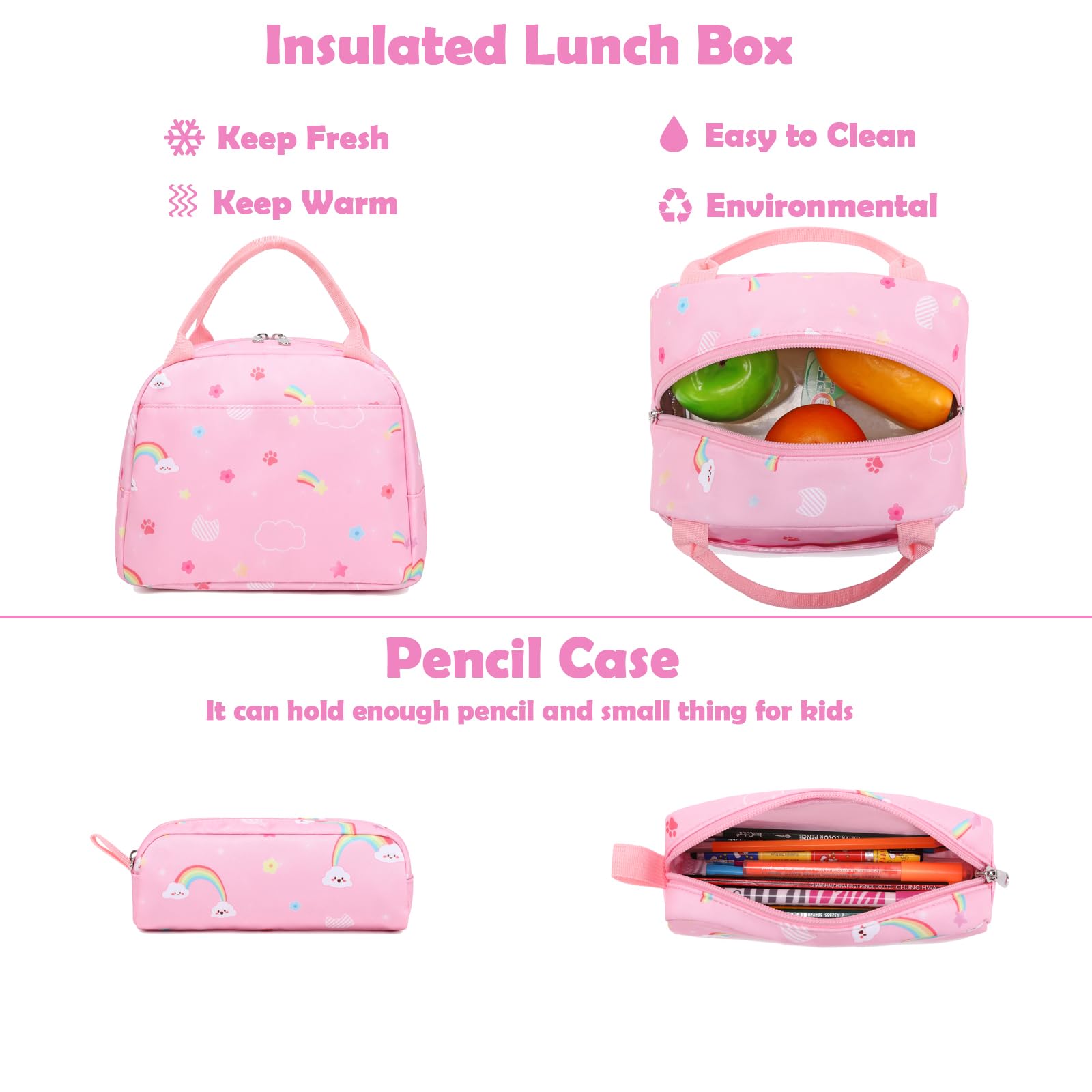Girls Backpack with Lunch Bag Set, 3PCS Pink Unicorn Cat School Backpack with Pencil Case Large Capacity School Bookbags with Chest Strap for Preschool Kindergarten Elementary Girls