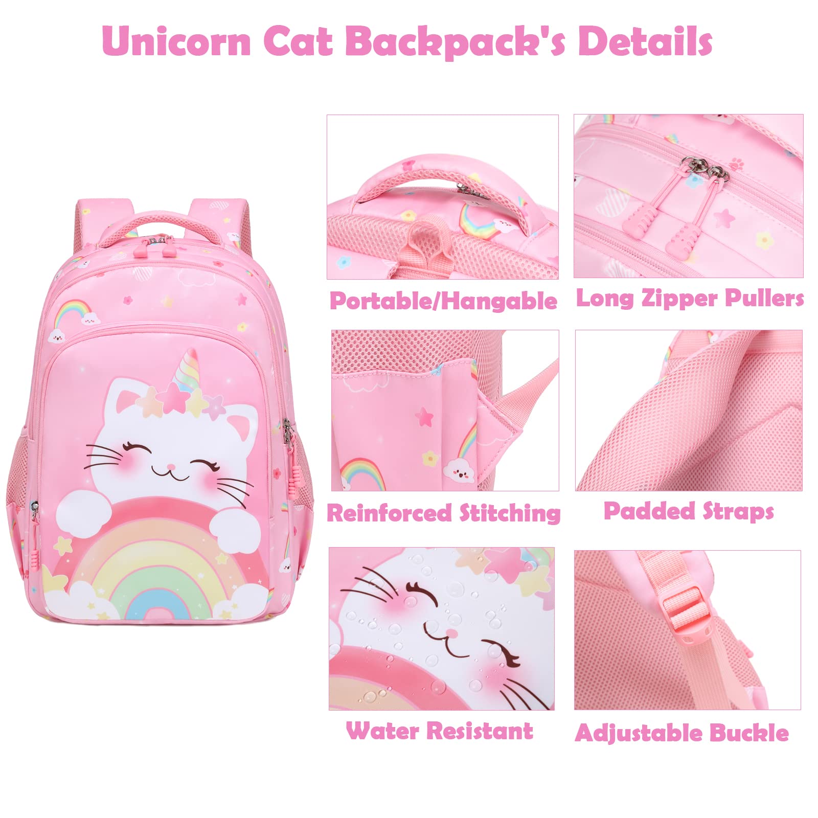 Girls Backpack with Lunch Bag Set, 3PCS Pink Unicorn Cat School Backpack with Pencil Case Large Capacity School Bookbags with Chest Strap for Preschool Kindergarten Elementary Girls