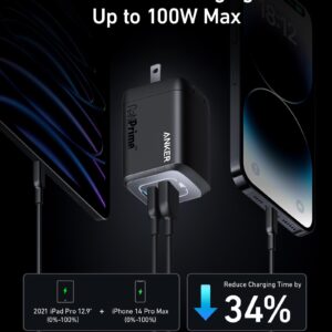 Anker Prime 100W USB C Charger, Anker GaN Wall Charger, 3-Port Compact Fast PPS Charger, for MacBook Pro/Air, Pixelbook, iPad Pro, iPhone 14/Pro, Galaxy S23/S22, Note20, Pixel, Apple Watch, and More