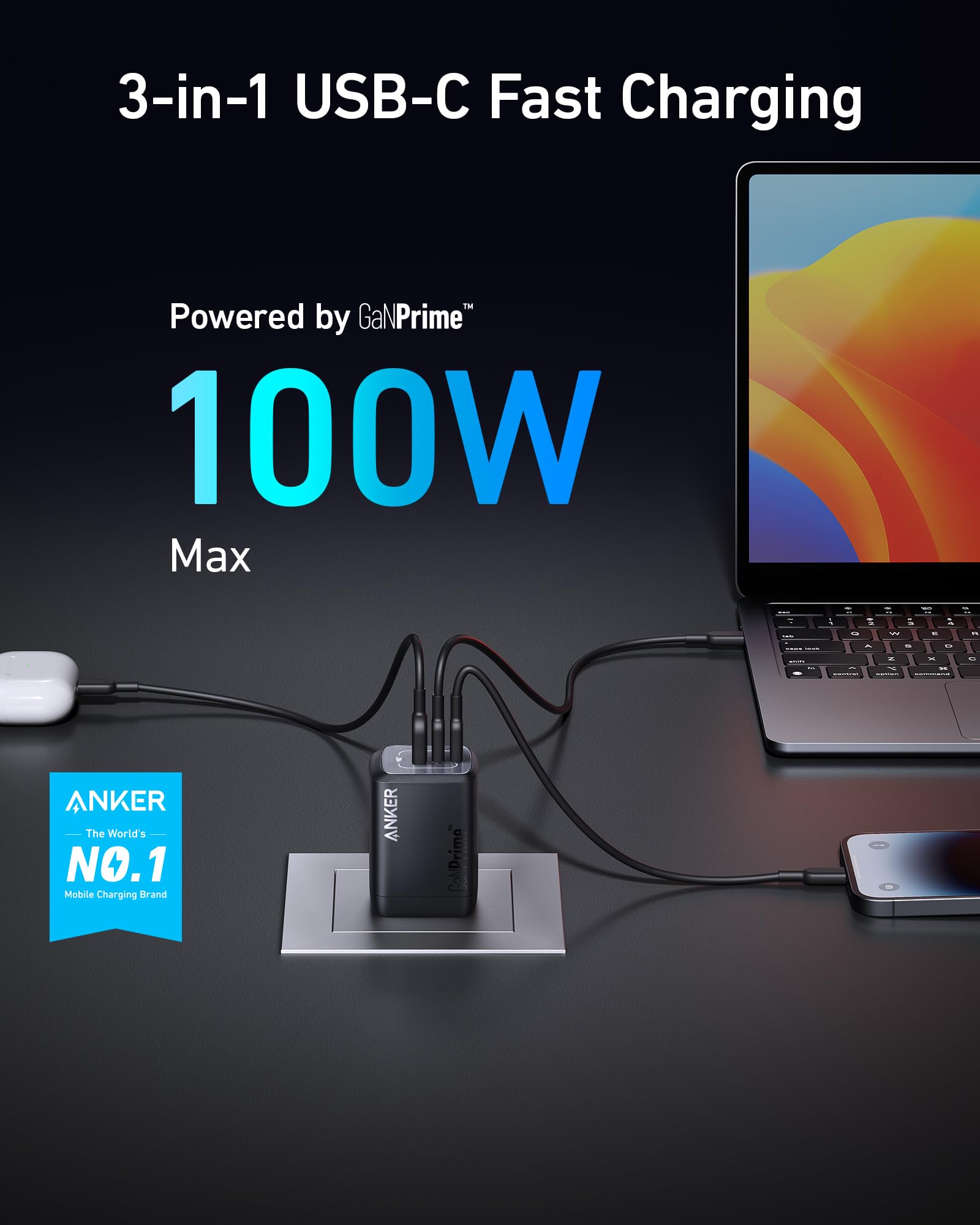 Anker Prime 100W USB C Charger, Anker GaN Wall Charger, 3-Port Compact Fast PPS Charger, for MacBook Pro/Air, Pixelbook, iPad Pro, iPhone 14/Pro, Galaxy S23/S22, Note20, Pixel, Apple Watch, and More