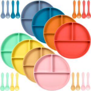 tanlade 8 pack suction plates for baby toddler plates with suction kids silicone suction plate, silicone plates, silicone divided plates with spoon and fork for infants 8 colors