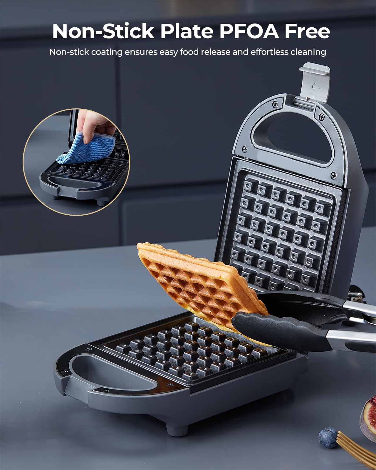 Mini Waffle Maker, Non-Stick Waffle Iron Small, Breakfast Machine for Kinds, Hash Browns, Keto, Snacks, Gray, Fast Heating, 600W, AMEGAT