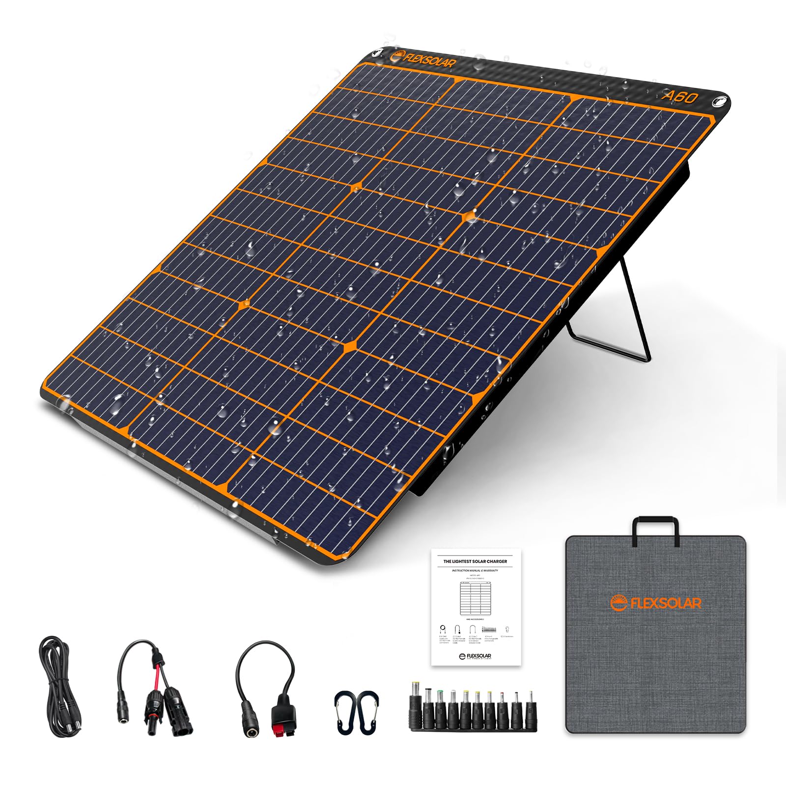 FlexSolar 60W Solar Panel Charger Kit QC3.0 USB-A/PD USB-C/DC Outputs IP67 Waterproof Portable Power Emergency for Power Station Generator Cellphone Tablet RV Battery