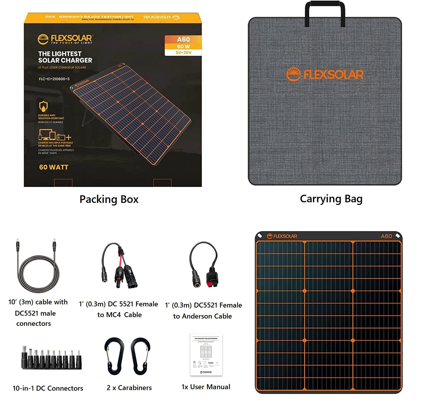 FlexSolar 60W Solar Panel Charger Kit QC3.0 USB-A/PD USB-C/DC Outputs IP67 Waterproof Portable Power Emergency for Power Station Generator Cellphone Tablet RV Battery