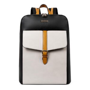 cluci leather laptop backpack for women 15.6 inch computer backpack stylish travel backpack purse for women work daypack bag black-white with yellow