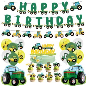 jopary farm green tractor party supplies,green tractor birthday decorations with happy birthday banner, cupcake toppers, and balloons for girls boys kids birthday
