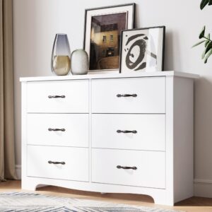 LINSY HOME 6 Drawer Double Dresser, White Dresser for Bedroom, Dresser Organizer, Chest of Drawers for Bedroom with 6 Drawers with SGS Certification