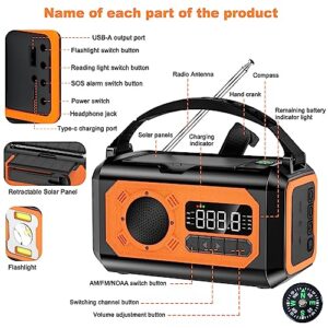 12000mAh Emergency Radio, Hand Crank Radio, Portable Solar Radio AM/FM/NOAA Weather Radio with 2 Solar Panels,3 Charging Methods,SOS Alarm,Flashlight,Phone Charger,Compass,Reading Lamp (Orange)