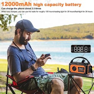 12000mAh Emergency Radio, Hand Crank Radio, Portable Solar Radio AM/FM/NOAA Weather Radio with 2 Solar Panels,3 Charging Methods,SOS Alarm,Flashlight,Phone Charger,Compass,Reading Lamp (Orange)