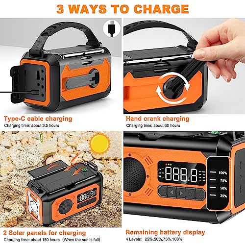 12000mAh Emergency Radio, Hand Crank Radio, Portable Solar Radio AM/FM/NOAA Weather Radio with 2 Solar Panels,3 Charging Methods,SOS Alarm,Flashlight,Phone Charger,Compass,Reading Lamp (Orange)