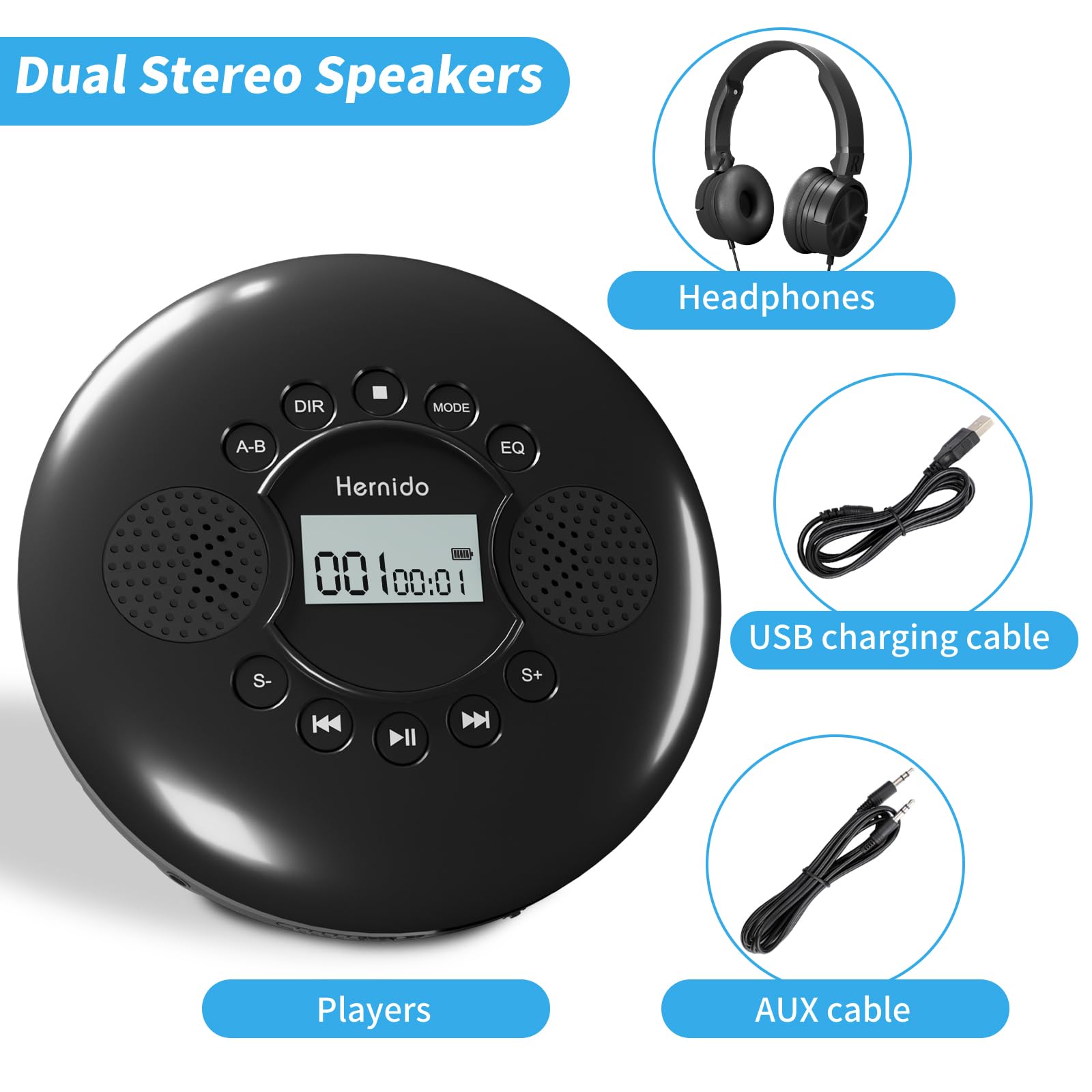 CD Player Portable, Hernido Portable CD Player for Car with Stereo Speakers, Rechargeable Walkman CD Player with Headphone, AUX, USB, Anti-Skip/Shockproof Discman for Home/Traval