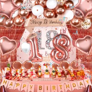 hjingy 18th birthday decorations for girls, rose gold party decorations include balloons, backdrop, curtains, banner, sash, crown, tablecloth, plates, cake toppers for women girls princess queen party