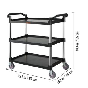 VEVOR Utility Service Cart, 3 Shelf Heavy Duty 154LBS Food Service Cart, Rolling Utility Cart with Lockable Wheels, 32.7" x 15.7" x 37.4" Plastic Utility Cart for Kitchen Office Restaurant Home, Black