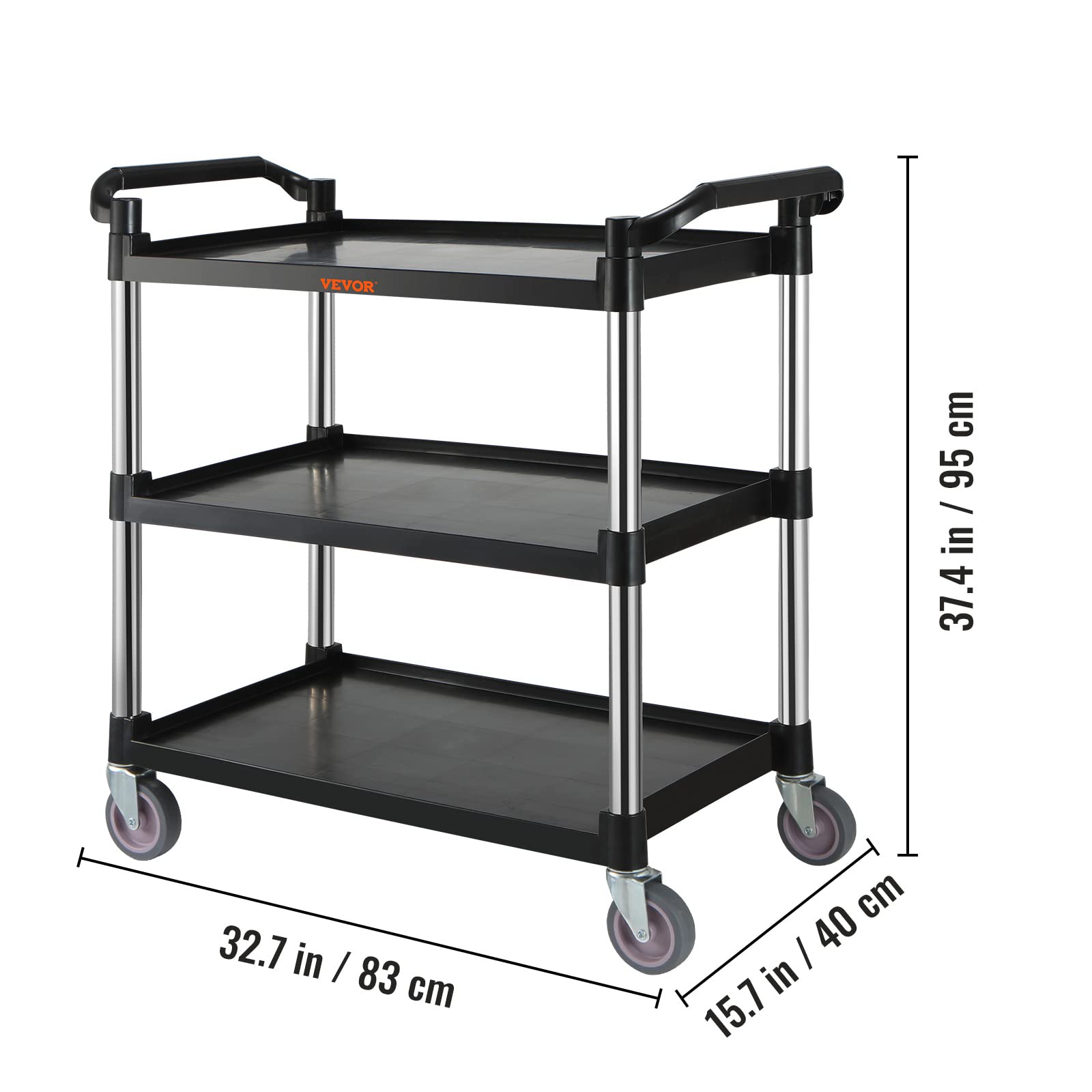 VEVOR Utility Service Cart, 3 Shelf Heavy Duty 154LBS Food Service Cart, Rolling Utility Cart with Lockable Wheels, 32.7" x 15.7" x 37.4" Plastic Utility Cart for Kitchen Office Restaurant Home, Black