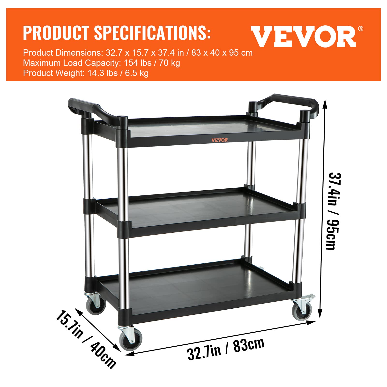 VEVOR Utility Service Cart, 3 Shelf Heavy Duty 154LBS Food Service Cart, Rolling Utility Cart with Lockable Wheels, 32.7" x 15.7" x 37.4" Plastic Utility Cart for Kitchen Office Restaurant Home, Black