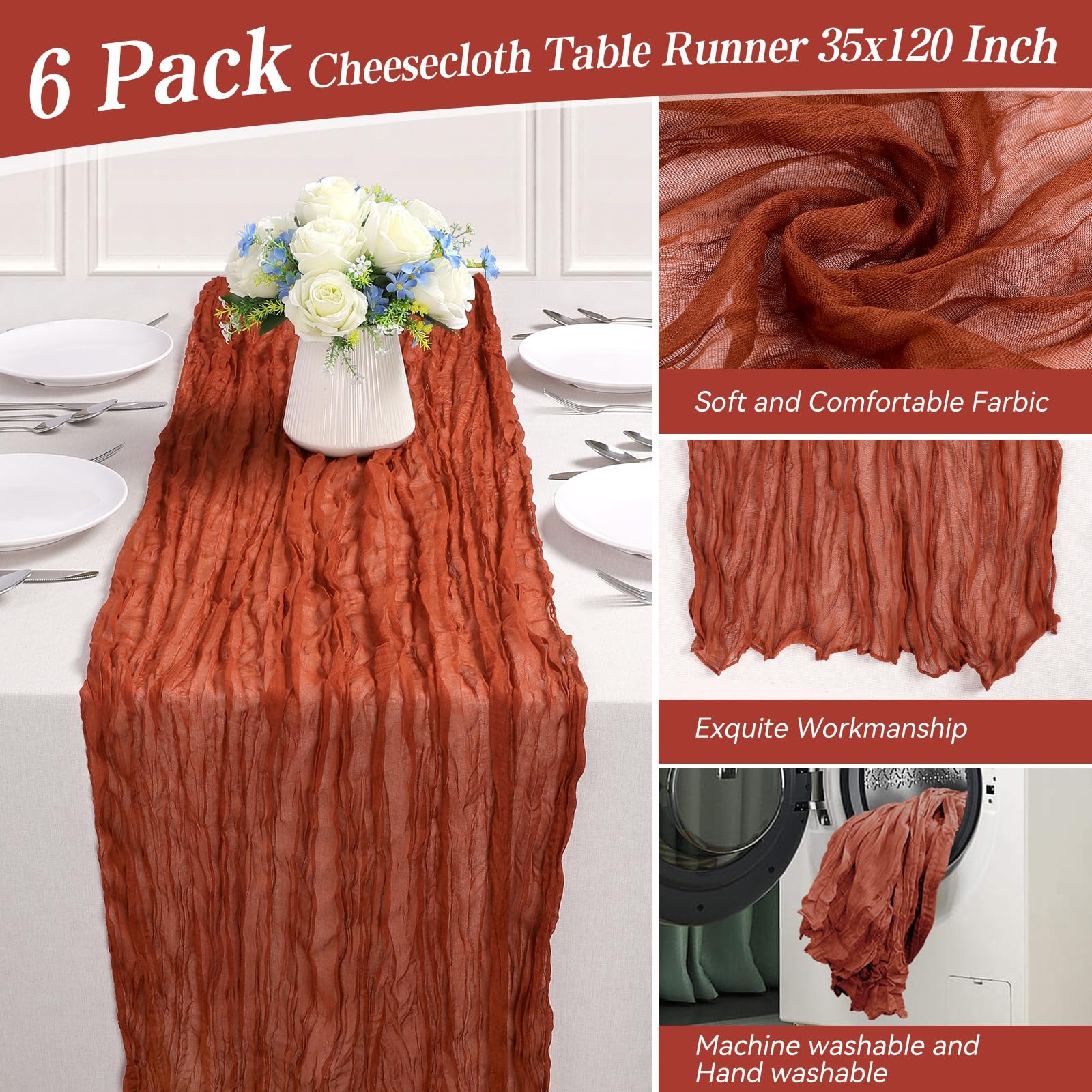 6 Pack 10Ft Cheesecloth Table Runner 35x120 Inch Boho Gauze Rustic Sheer Terracotta Cheese Cloth Table Runner for Wedding Bridal Baby Shower Holiday Party Table Decoration