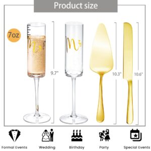 iooiluxry Wedding Cake Knife and Server Set, Mr and Mrs Champagne Flutes Wedding Glasses for Bride and Groom, Cake Cutting Set for Wedding Bridal Shower Gifts