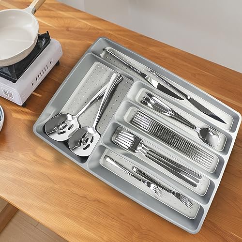 SUPPHOUS Silverware Drawer Organizer Tray, 6-Slot Large Utensil Drawer Organizer Cutlery Drawer Organizer, No-Slip Kitchen Utensil Organizer for Kitchen, Office, Bathroom (6 Slot)