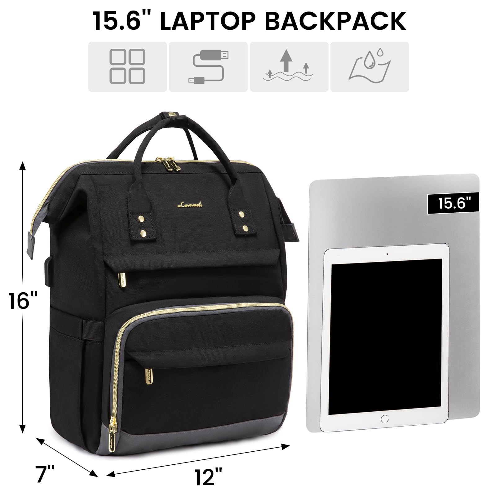 LOVEVOOK Laptop Backpack Women,15.6 Inch Wide-open Travel Computer Backpack Purse for Women with USB Port,Waterproof Teacher Nurse Work Laptop Bag College Back Pack,Black-Grey
