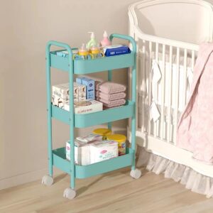 XIUSHE 3-Tier Metal Utility Cart Rolling Storage Organizer, Blue, Portable, Sturdy, Indoor Use