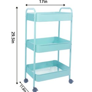 XIUSHE 3-Tier Metal Utility Cart Rolling Storage Organizer, Blue, Portable, Sturdy, Indoor Use