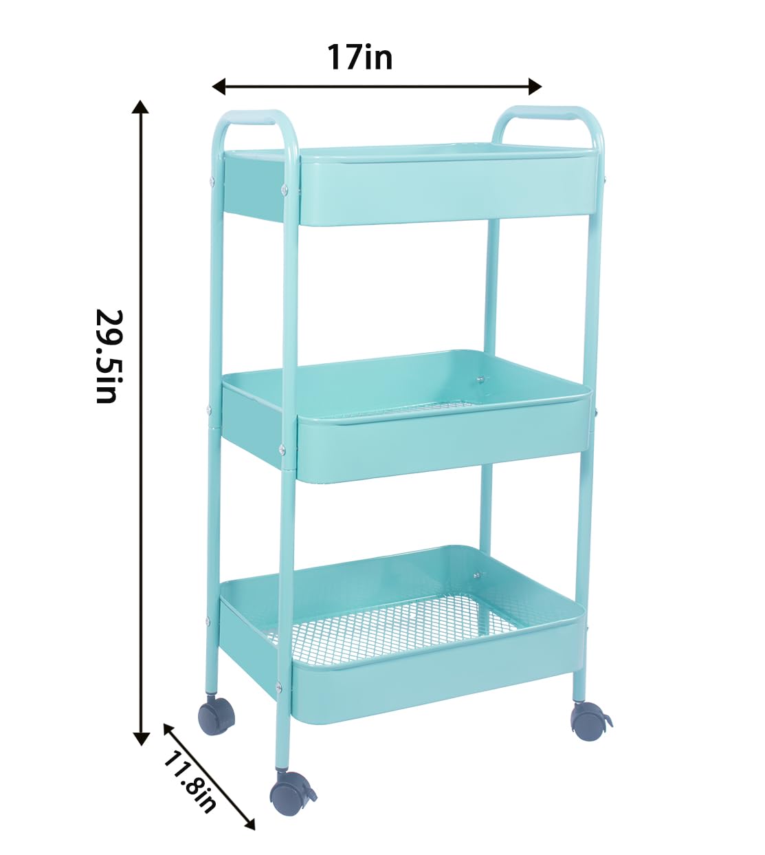 XIUSHE 3-Tier Metal Utility Cart Rolling Storage Organizer, Blue, Portable, Sturdy, Indoor Use
