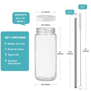 Ritayedet 6 Pack 16 Oz Glass Juicing Bottles w 6 Straws and 8 SCREW Lids w Hole(100% Airtight) Reusable Drinking Jars, Travel Water Bottles, Tall Mason Jar for Juice