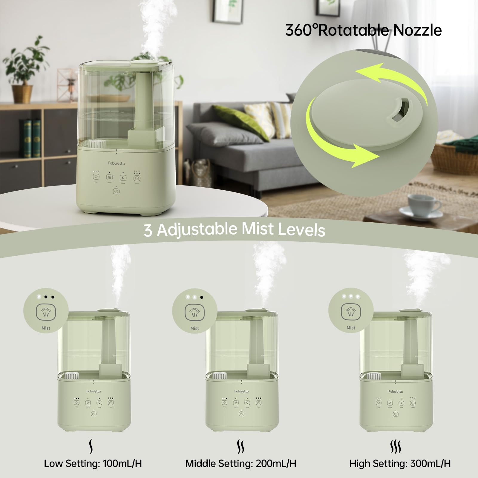 FABULETTA Humidifiers for Bedroom, Warm and Cool Mist Humidifier Large Room for Home, 4.5L Top Fill Air Humidifier with Essential Oil Diffuser, 3 Mist Levels, Timer, 45H Work Time, Quiet Sleep Mode