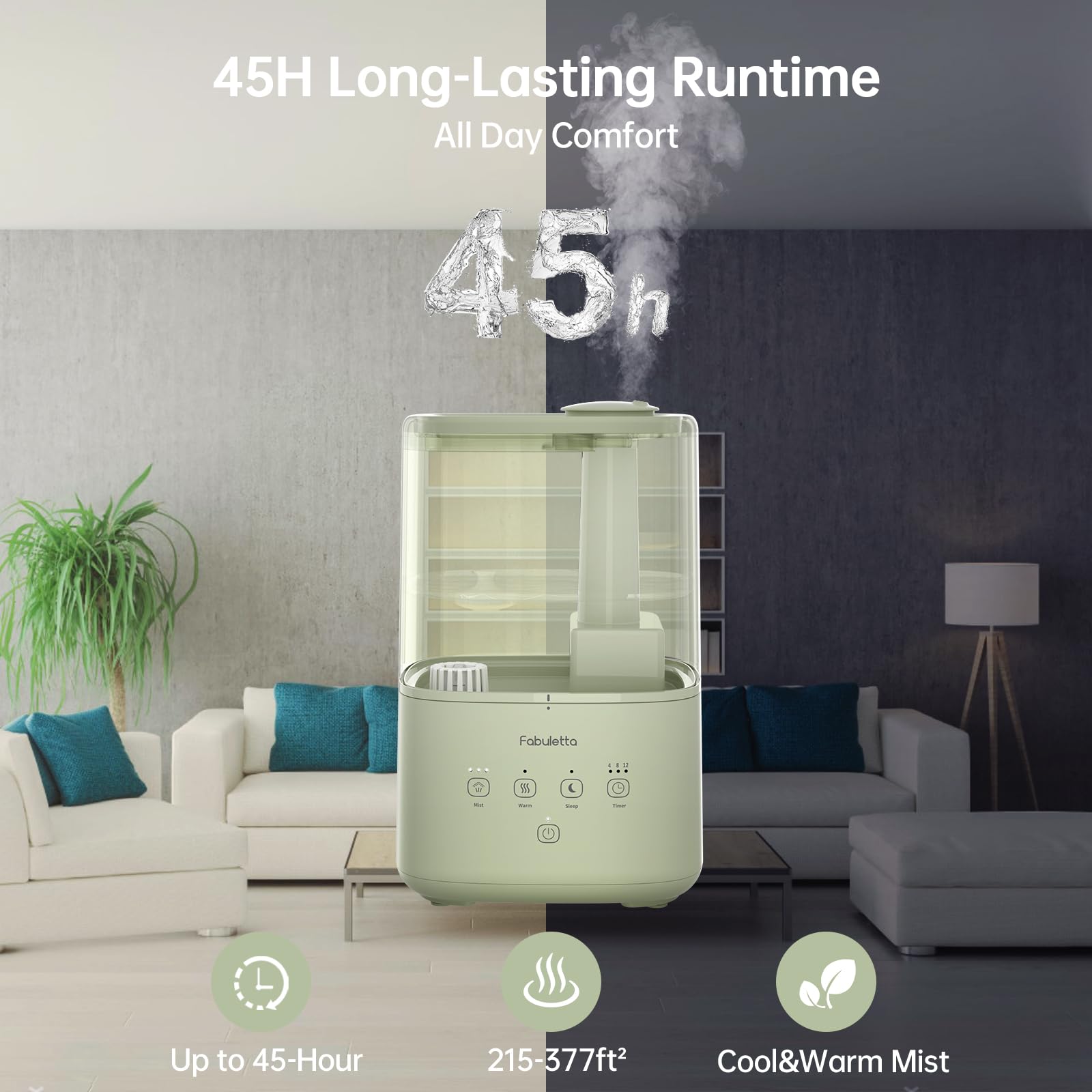 FABULETTA Humidifiers for Bedroom, Warm and Cool Mist Humidifier Large Room for Home, 4.5L Top Fill Air Humidifier with Essential Oil Diffuser, 3 Mist Levels, Timer, 45H Work Time, Quiet Sleep Mode