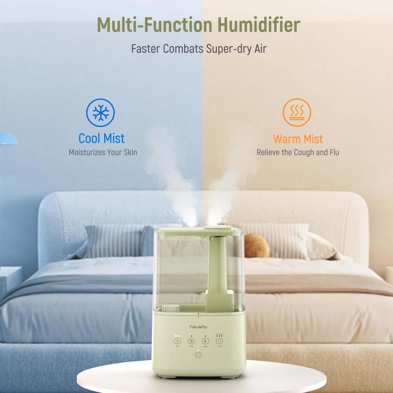 FABULETTA Humidifiers for Bedroom, Warm and Cool Mist Humidifier Large Room for Home, 4.5L Top Fill Air Humidifier with Essential Oil Diffuser, 3 Mist Levels, Timer, 45H Work Time, Quiet Sleep Mode