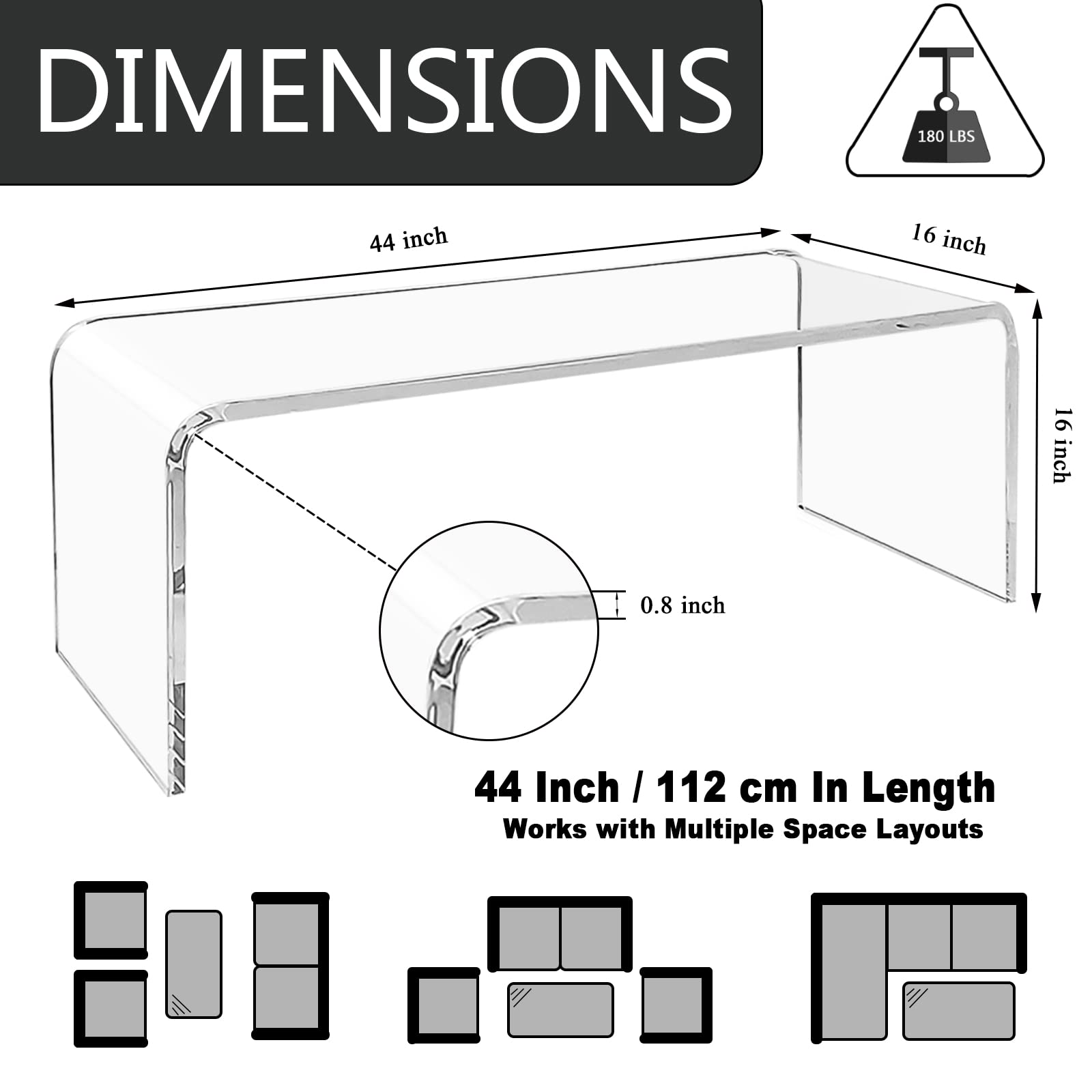 NEJHC Acrylic Coffee Table, 44" x 16" x 16" x 4/5'' Thick Clear Modern All Acrylic Waterfall Living Room Tables