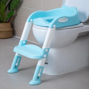 egree potty training toilet chair seat with step stool ladder for kids and toddler boys girls - foldable height adjustable children toilet training seat with safe handles & anti-slip pads, blue-white