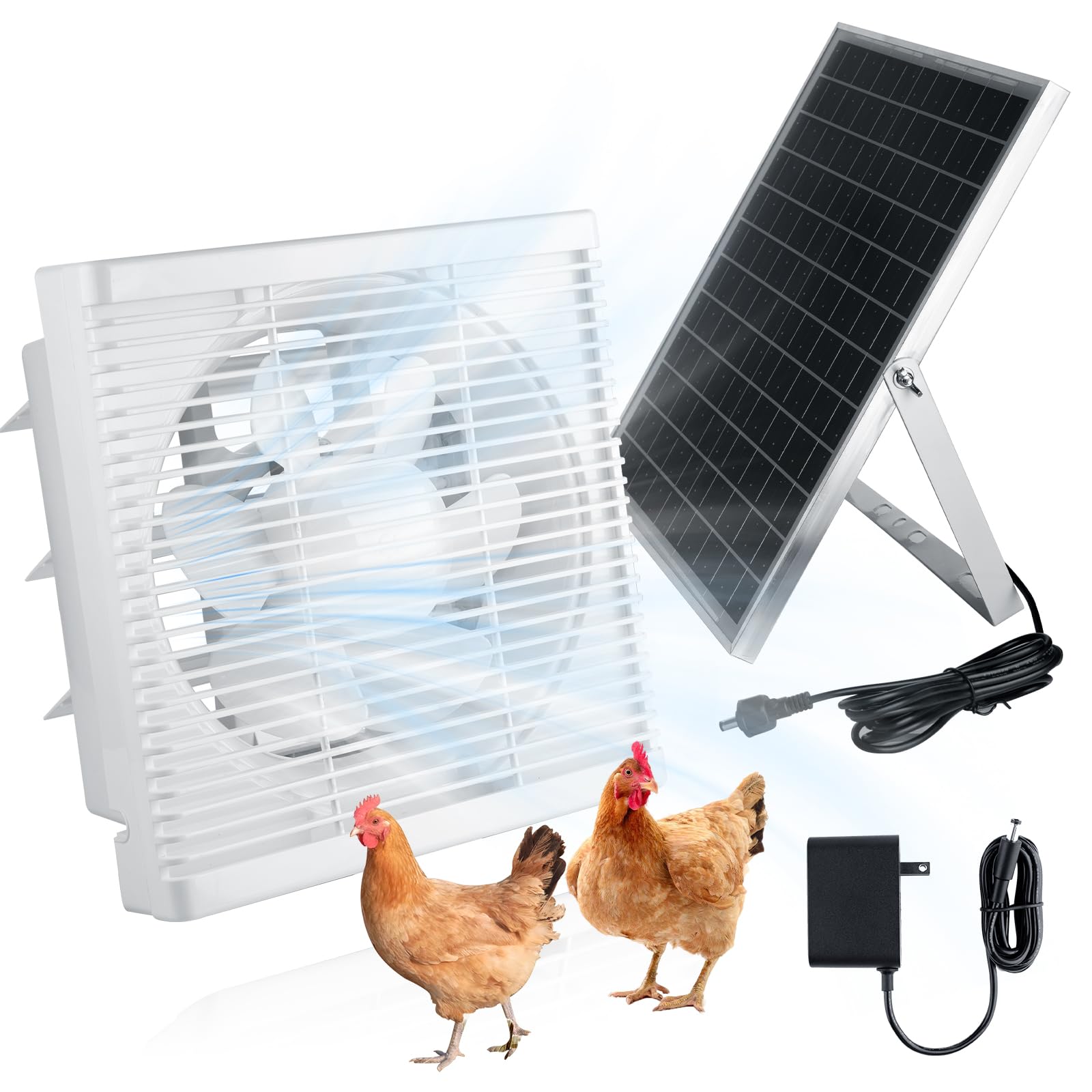 Chtoocy Solar Powered Fan, Large 8“ Solar Exhaust Intake Fan Kit for Greenhouse, Waterproof Fans with 24/7 hrs On/Off Switch Cable, Cooling Ventilation for Chicken Coop, Shed, Garbin,Outside/Inside