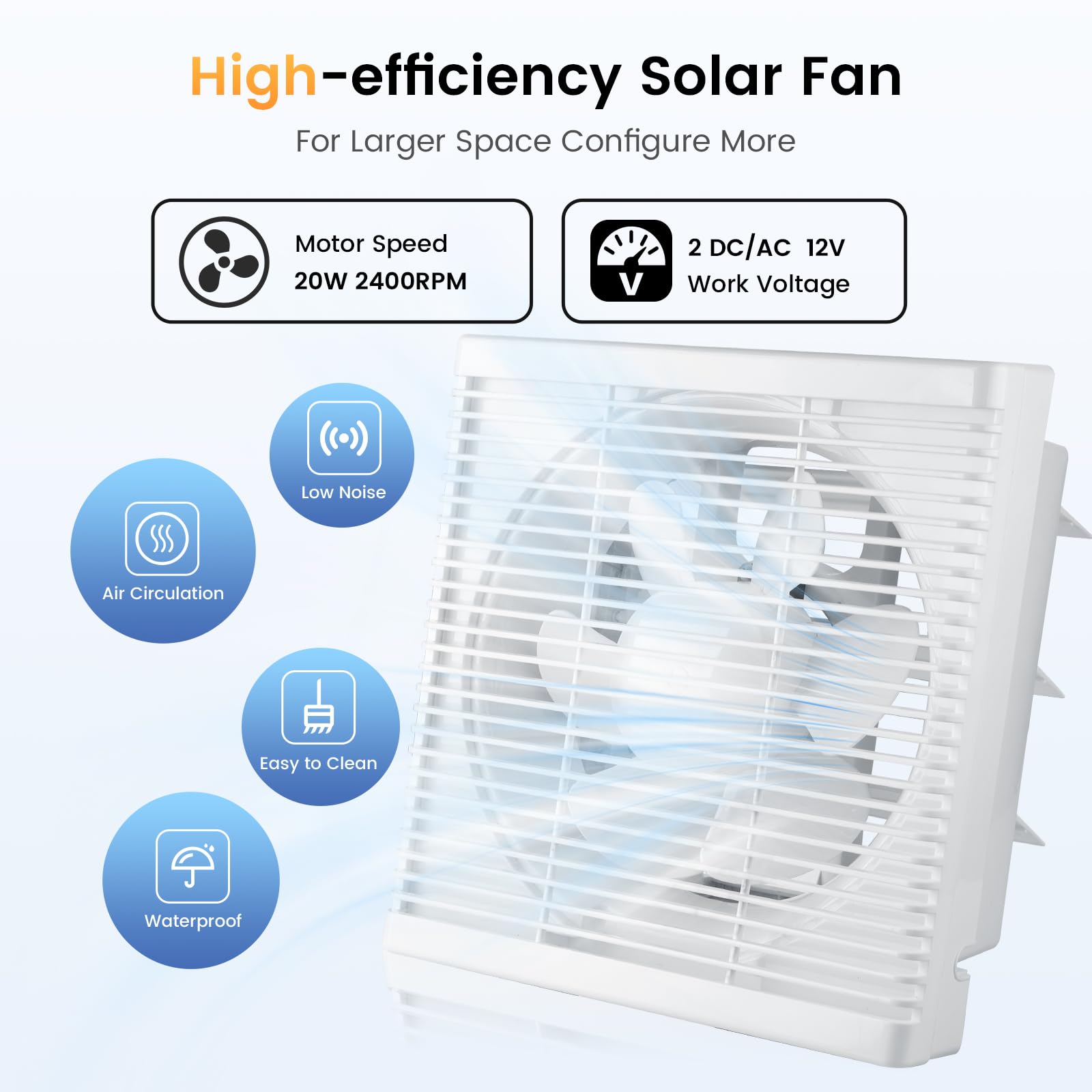 Chtoocy Solar Powered Fan, Large 8“ Solar Exhaust Intake Fan Kit for Greenhouse, Waterproof Fans with 24/7 hrs On/Off Switch Cable, Cooling Ventilation for Chicken Coop, Shed, Garbin,Outside/Inside