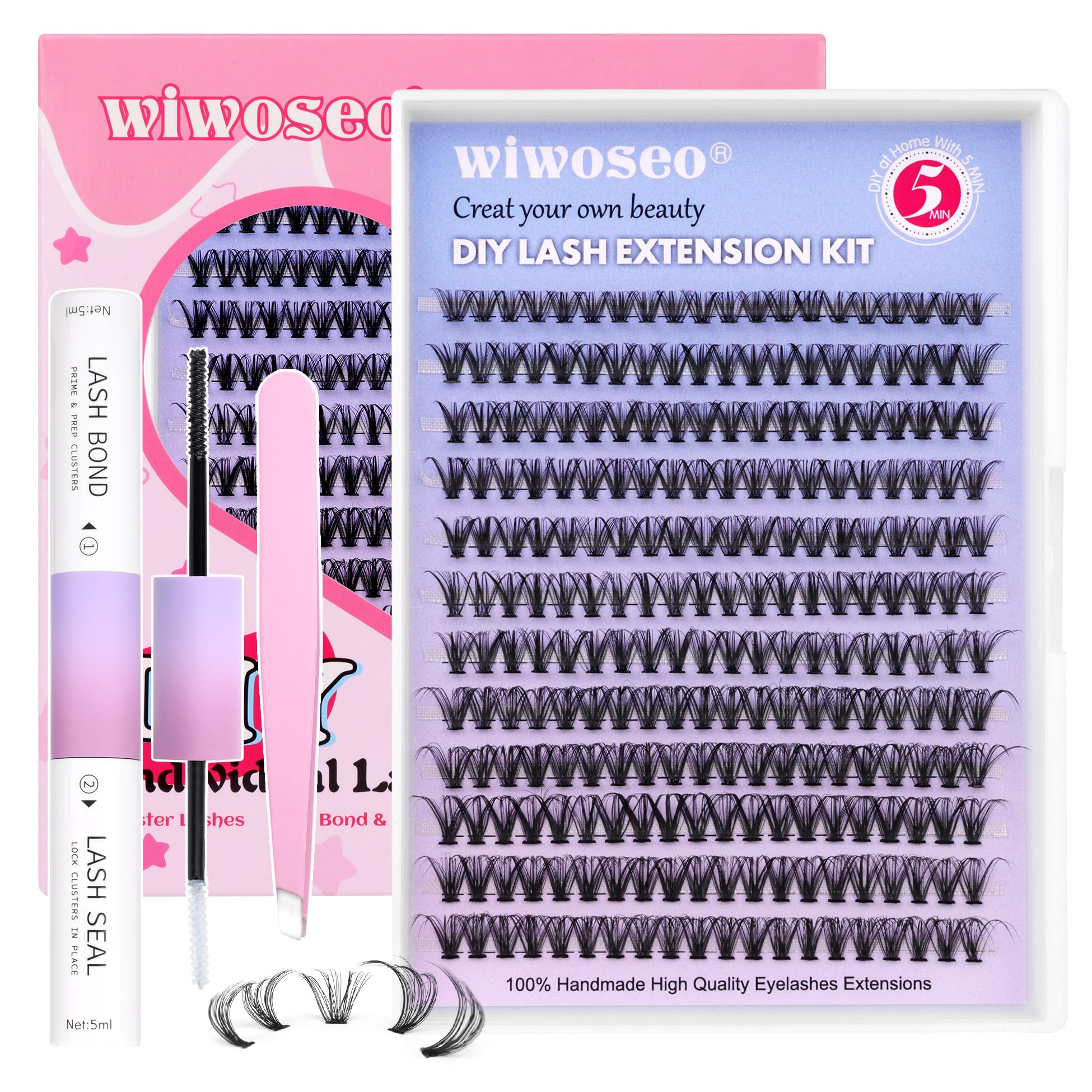 DIY Lash Extension Kit, 240pcs Eyelash Extension Kit Individual Cluster Lashes Extension DD Curly Lashes with Lash Bond and Seal at Home Lash Extensions Kit for Self Application (30p, 8-16mm)