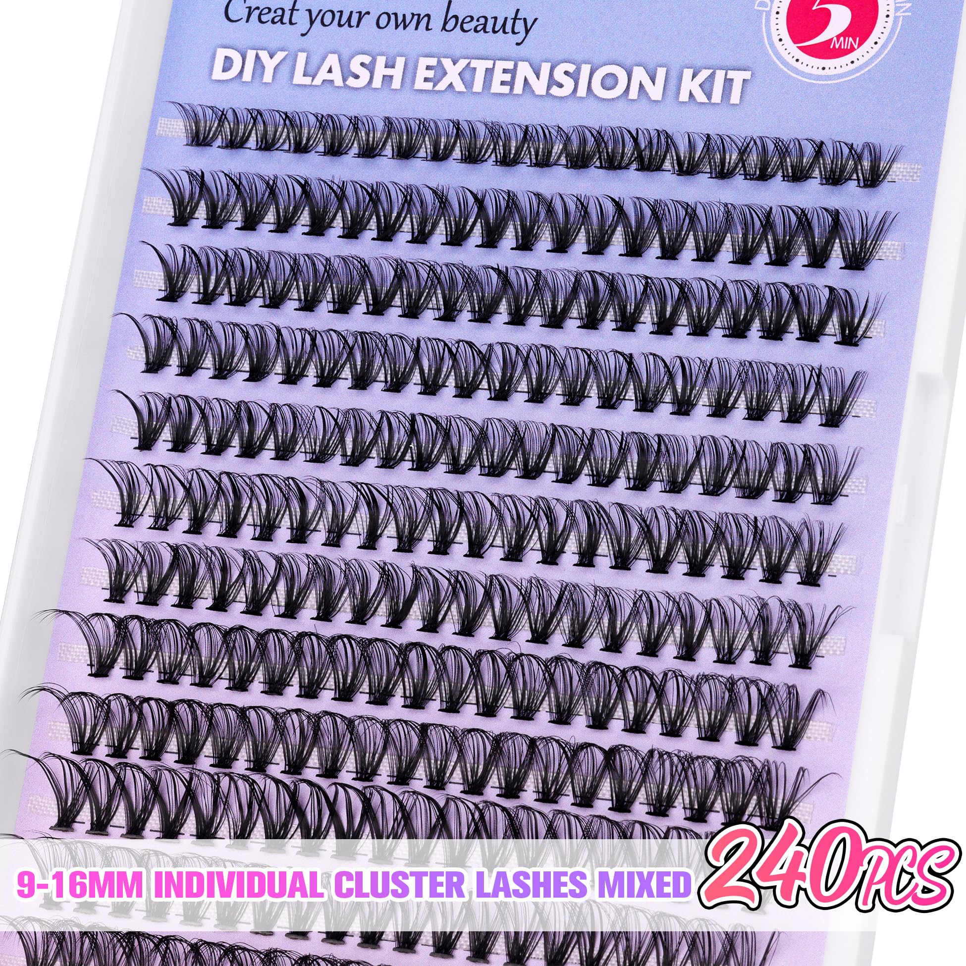 DIY Lash Extension Kit, 240pcs Eyelash Extension Kit Individual Cluster Lashes Extension DD Curly Lashes with Lash Bond and Seal at Home Lash Extensions Kit for Self Application (30p, 8-16mm)