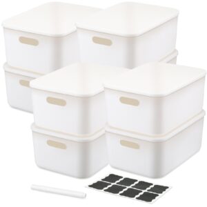 bbto 8 pcs white plastic storage organizer bins with lids large stackable storage boxes with handle organizing containers including labels and markers for family organization, 14.4 x 10.4 x 6.5 inch
