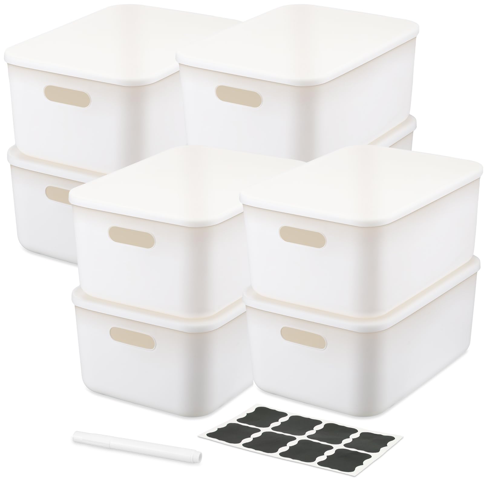 BBTO 8 Pcs White Plastic Storage Organizer Bins with Lids Large Stackable Storage Boxes with Handle Organizing Containers Including Labels and Markers for Family Organization, 14.4 x 10.4 x 6.5 Inch