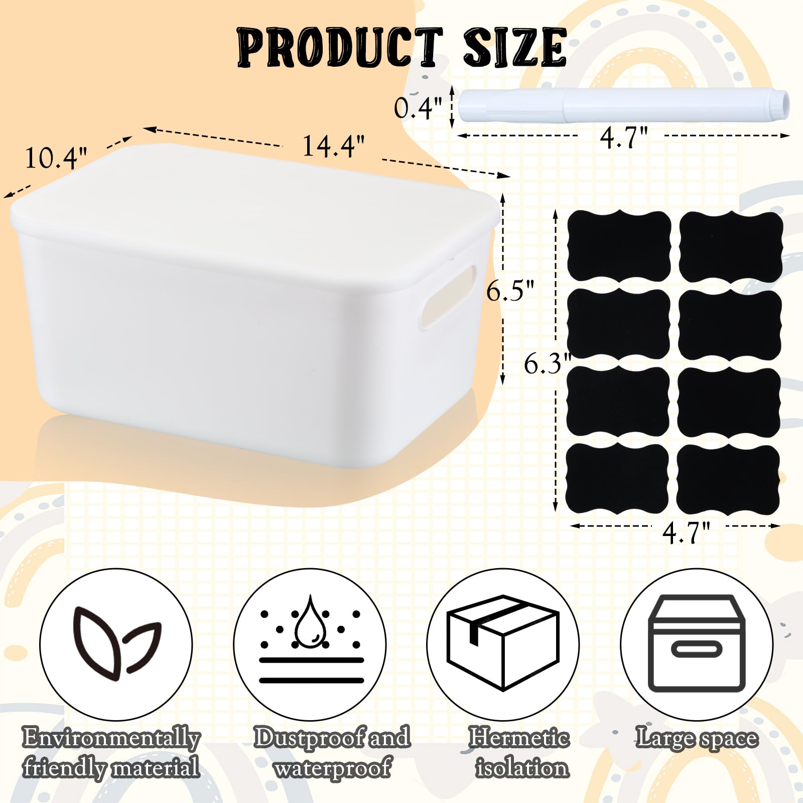 BBTO 8 Pcs White Plastic Storage Organizer Bins with Lids Large Stackable Storage Boxes with Handle Organizing Containers Including Labels and Markers for Family Organization, 14.4 x 10.4 x 6.5 Inch