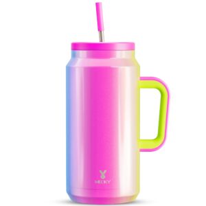 meoky 50 oz tumbler with handle and straw, stainless steel vacuum insulated tumbler with lid and straw, keeps cold for 36 hours, 100% leak-proof, bpa-free, non-slip base (rainbow)