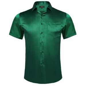 dibangu men's solid green dress shirt funky shiny satin short sleeve shirts wrinkle free emerald green shirts wedding party