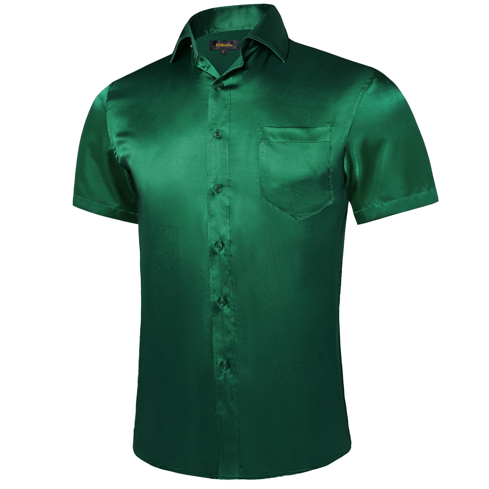 DiBanGu Men's Solid Green Dress Shirt Funky Shiny Satin Short Sleeve Shirts Wrinkle Free Emerald Green Shirts Wedding Party