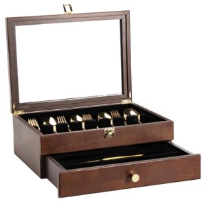 yoimori fine silverware box with glass lid, 2-layer wooden silverware chest with drawer, 14.5×10.6 inches luxury style decor flatware storage case for home&restaurant, gift idea (walnut)