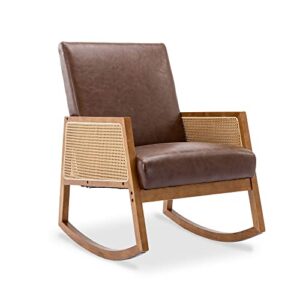 olela rocking chair nursery, mid century modern glider chair faux leather upholstered rattan chair, modern single accent chair with wood arm rests for living room bedroom office (brown-pu)