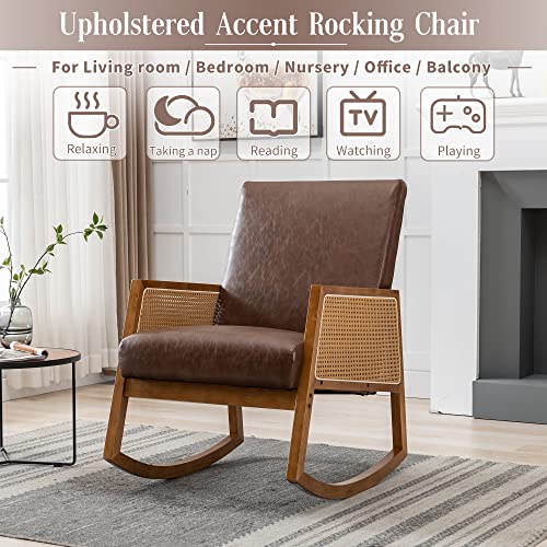 Olela Rocking Chair Nursery, Mid Century Modern Glider Chair Faux Leather Upholstered Rattan Chair, Modern Single Accent Chair with Wood Arm Rests for Living Room Bedroom Office (Brown-PU)