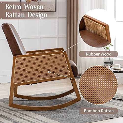 Olela Rocking Chair Nursery, Mid Century Modern Glider Chair Faux Leather Upholstered Rattan Chair, Modern Single Accent Chair with Wood Arm Rests for Living Room Bedroom Office (Brown-PU)